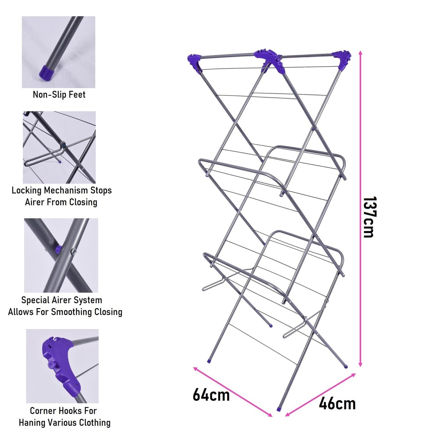 21m 3 Tier Airer Silver/Purple