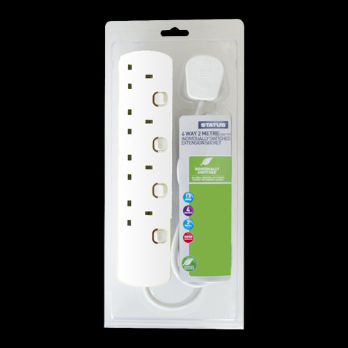 4 way - 2 Mtr - Extension Socket - Individually Switched - White