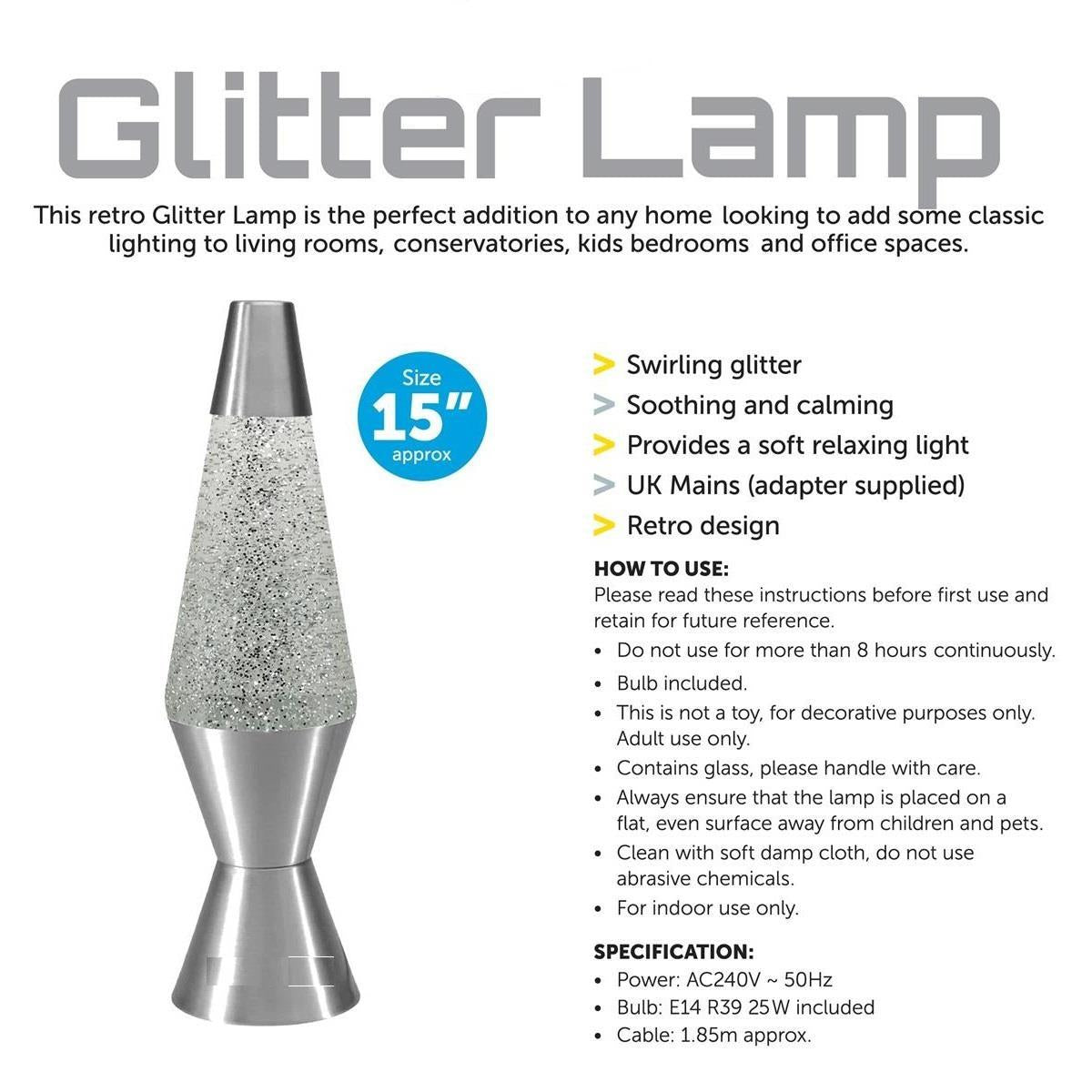 15" Glitter Lamp Silver Base Clear Water Silver Glitter