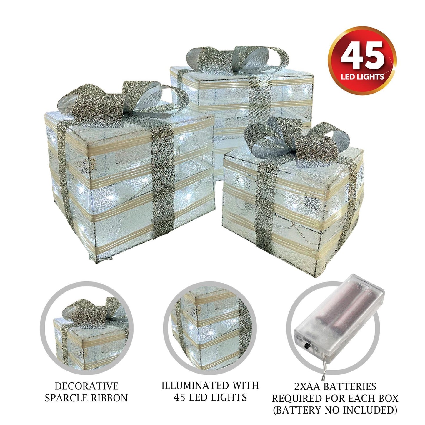 3 Christmas Parcels - Sliver & Sliver Ribbon