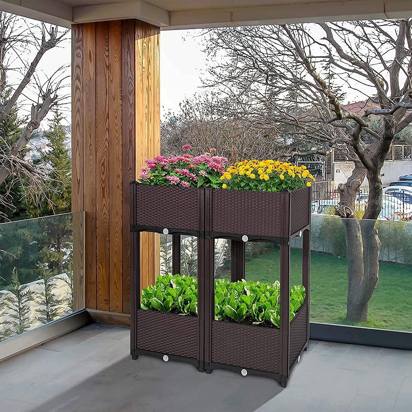Two Tier 4 -Planter Rattan Effect Raised Deep Garden Bed