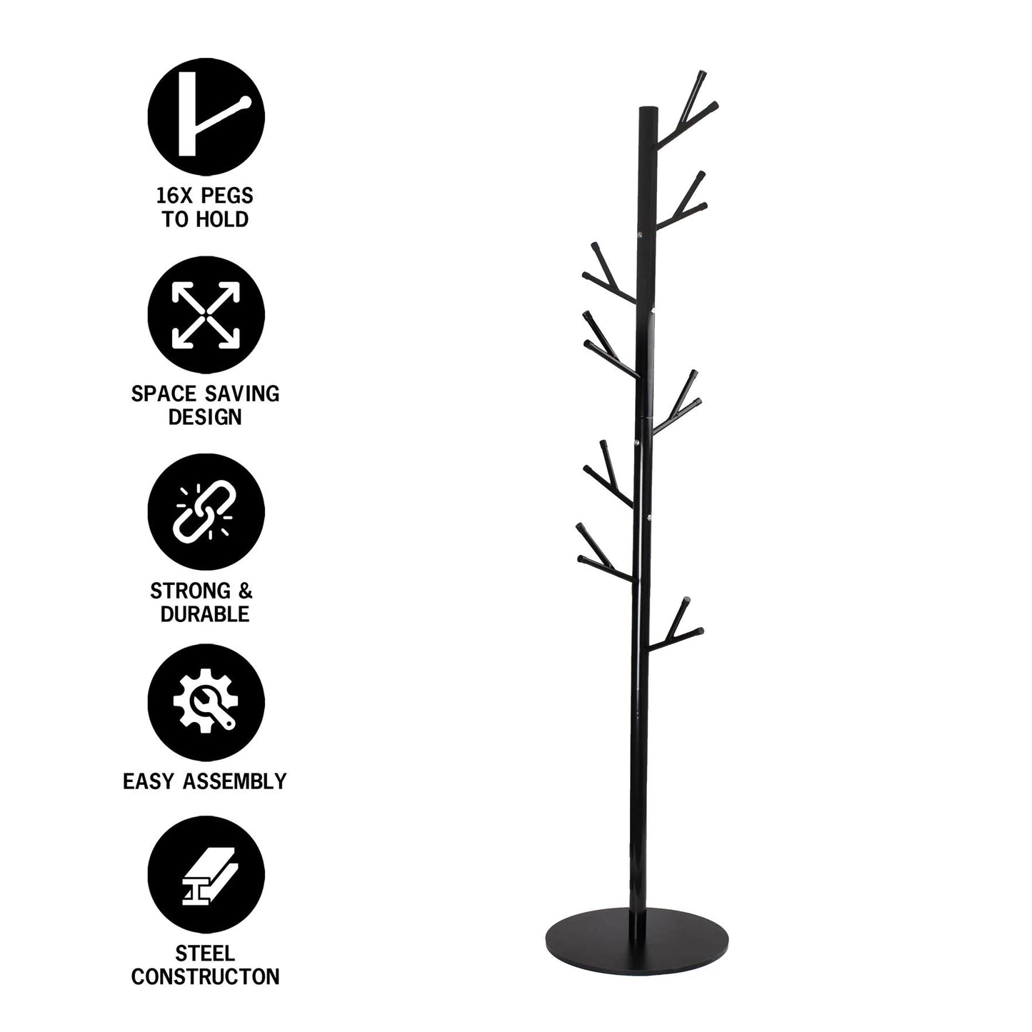 16 Peg Tree Coat Rack - Black
