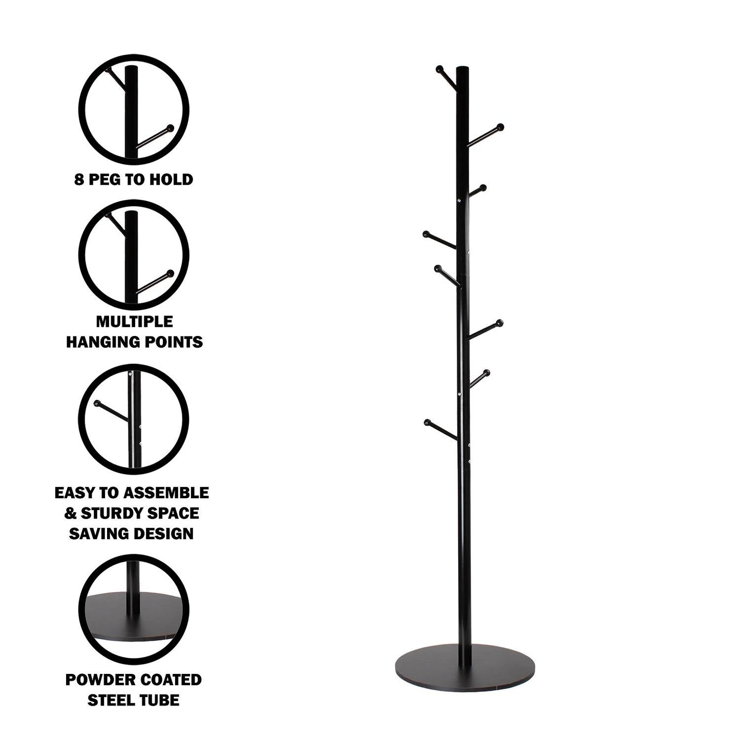 8 Peg Tree Coat Rack - Black