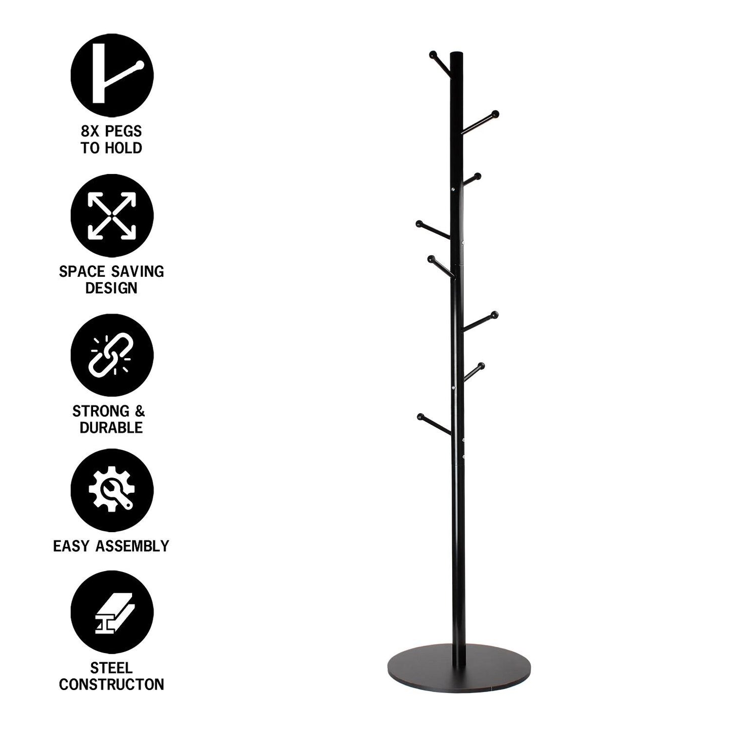 8 Peg Tree Coat Rack - Black