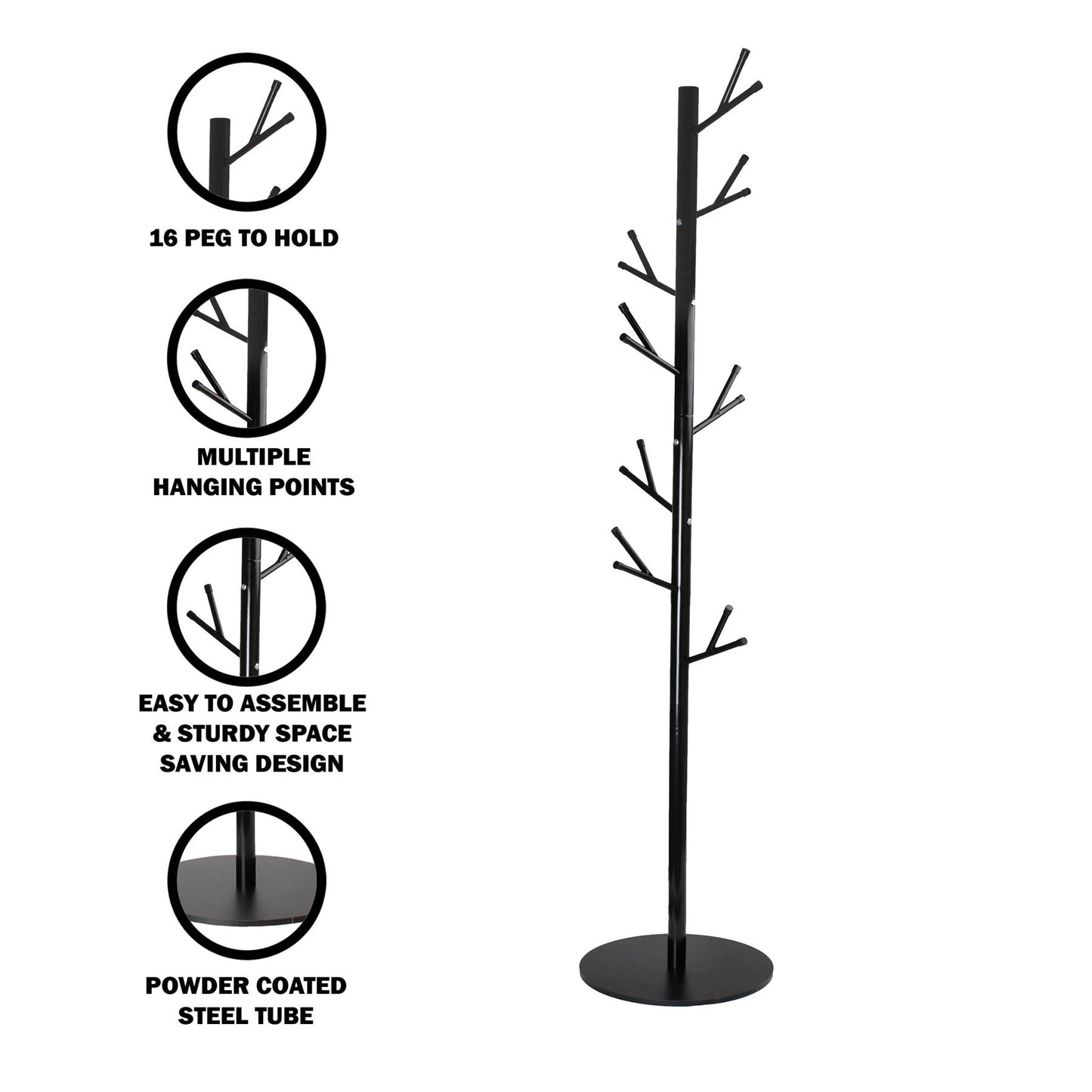 16 Peg Tree Coat Rack - Black