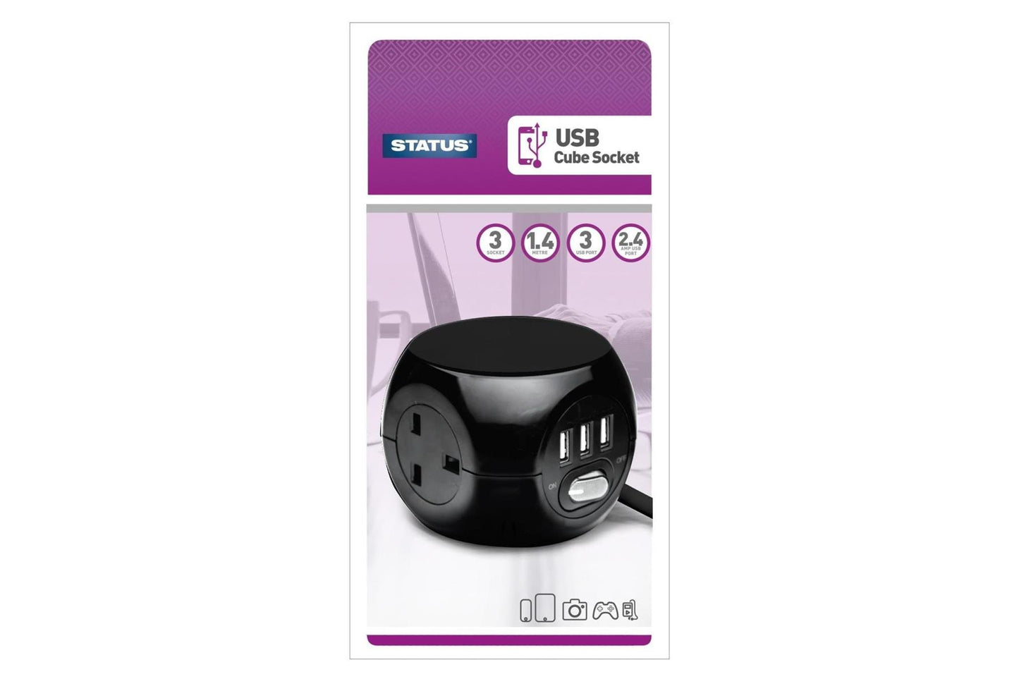 Black - USB Cube Extension 3 Sockets