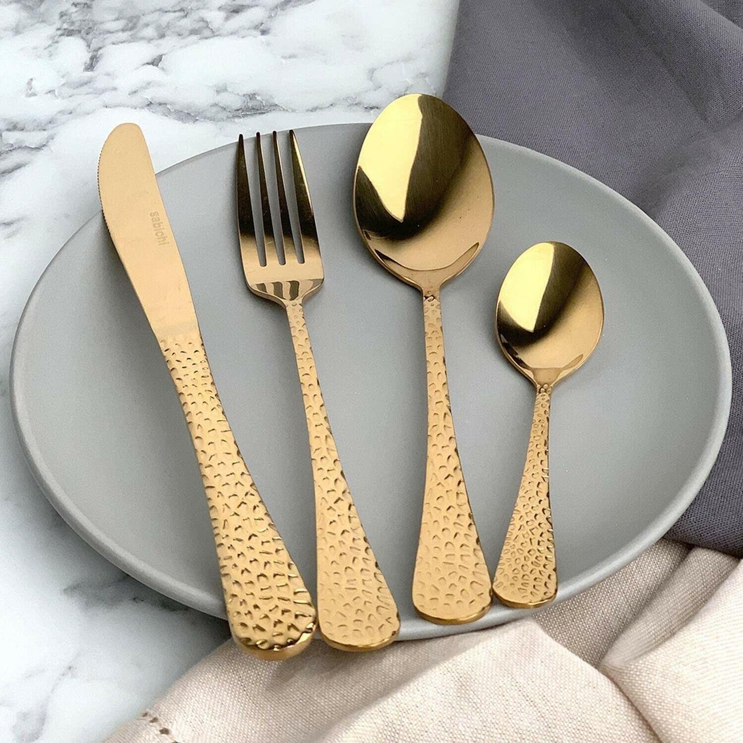 16pc Gold Hammered Cutlery Set