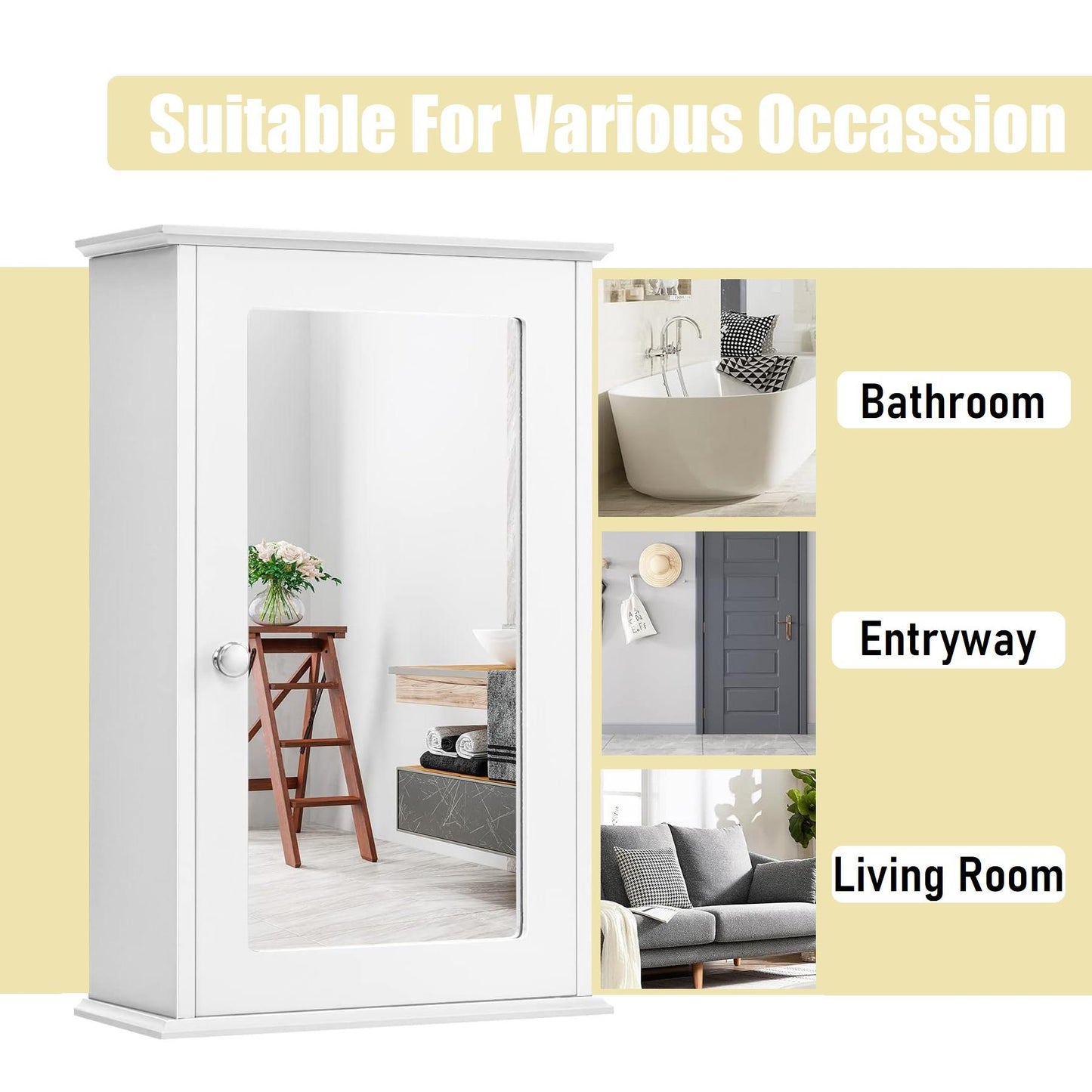 White -Single Mirror Cabinet With Shelf