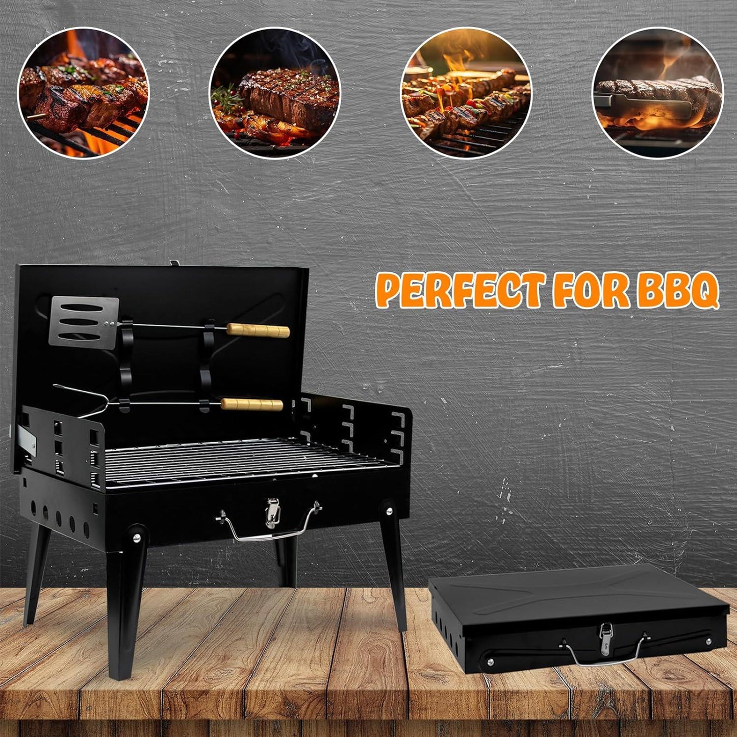 PORTABLE FOLDING CHARCOAL BBQ GRILL WITH ACCESSORIES