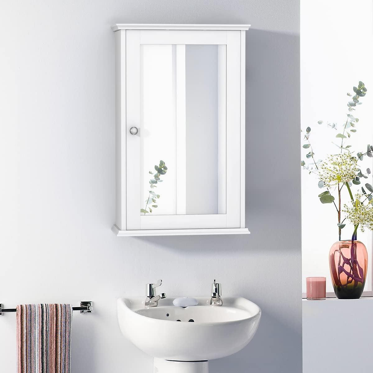 White -Single Mirror Cabinet With Shelf