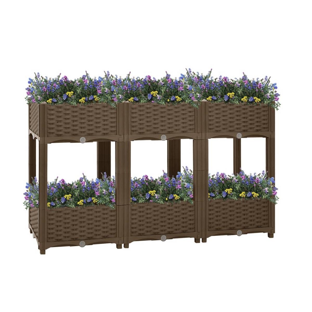 Brown Two Tier 6 -Planter Rattan Effect Raised Deep Garden Bed